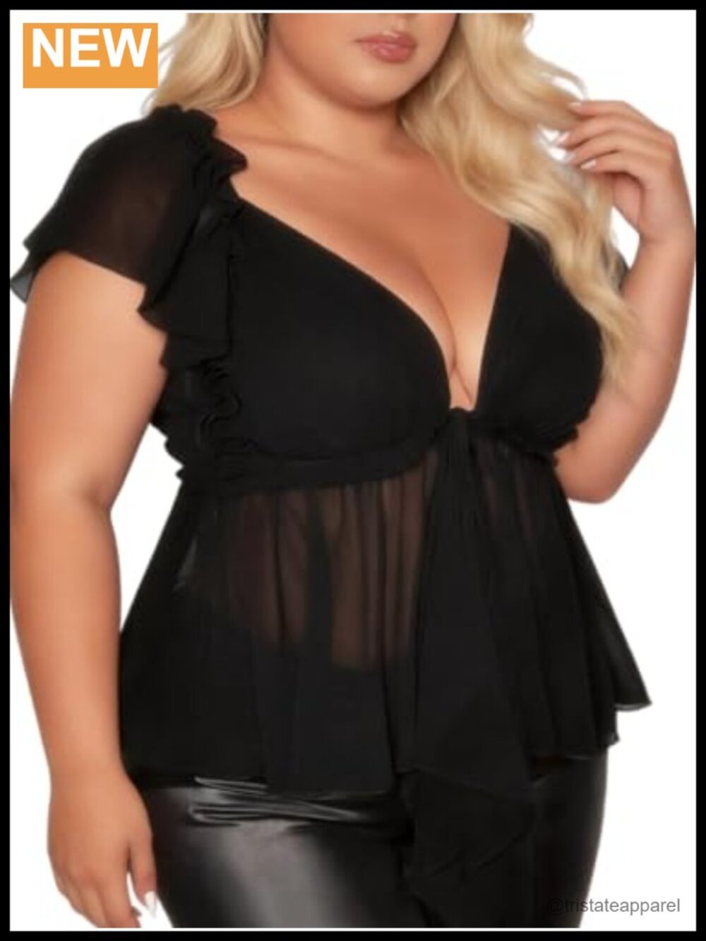 Plus Size Sheer Mesh Peplum Blouse V-Neck Ruffled Flounce Sleeve